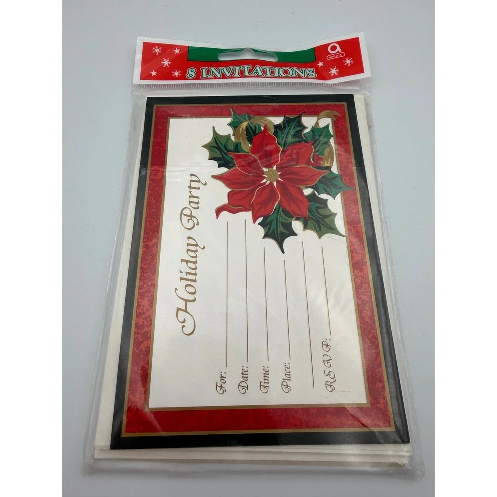 Amscan Holiday Party Invitations 8 Count Christmas Poinsettia Floral Red Gold